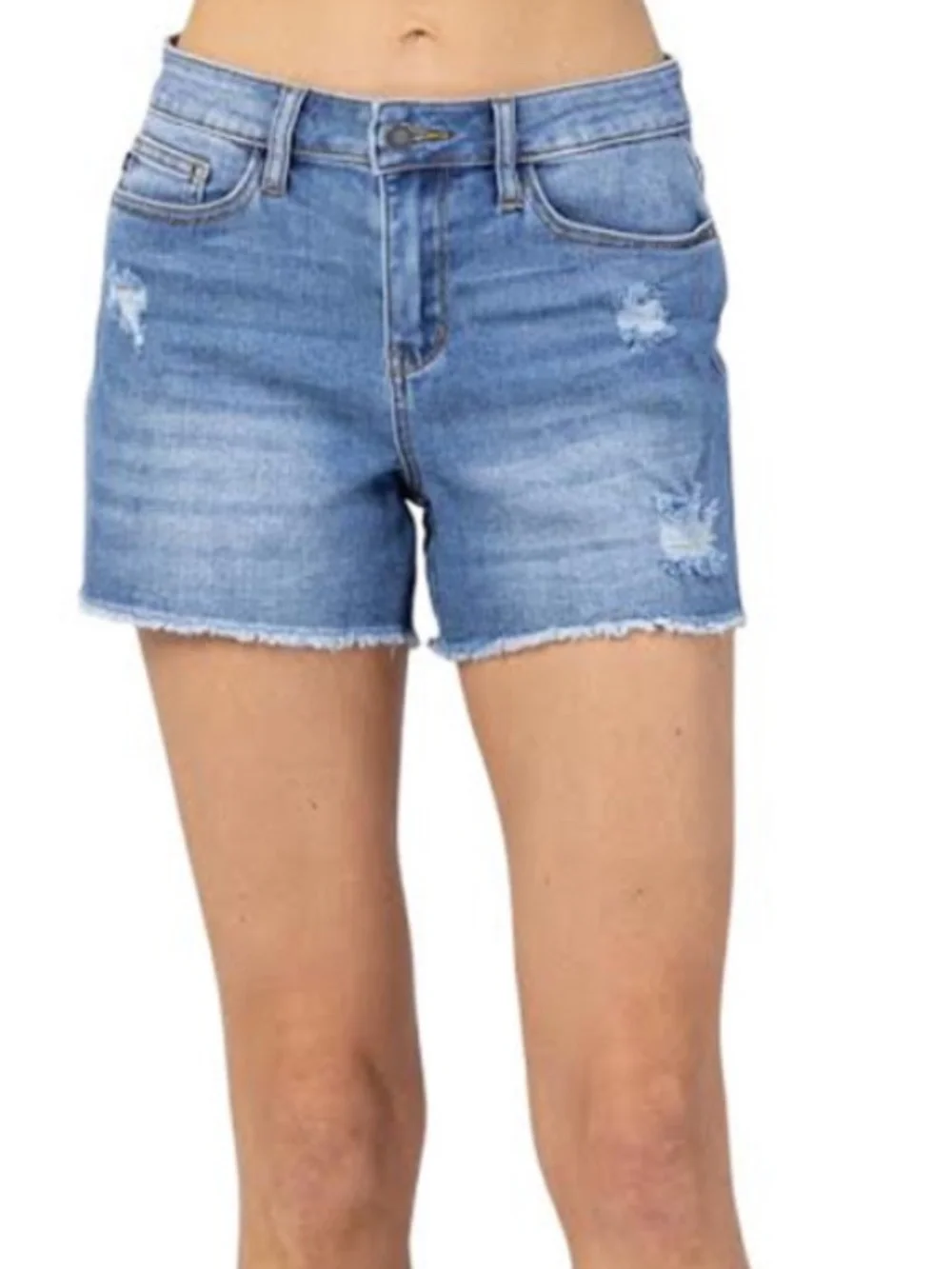 Judy Blue Hi-Rise Distressed Cutoff Denim Shorts XL Medium Wash Stretch